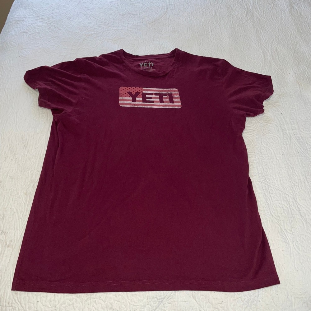 YETI Men's T Shirt Flag Graphic Burgundy XL Cotton Made USA Inspired Outdoor